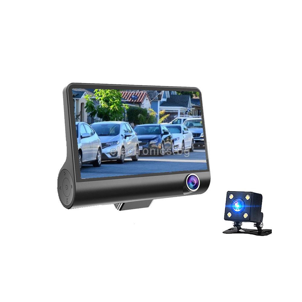 Видeорегистратор Camcorder WDR, записваща Full HD видеокамера за автомобил с 4\" дисплей, 5 мегапиксела, 1080P 170° предна камера, 1080P 90° задна широкоъгална камера, G-Sensor, нощно виждане