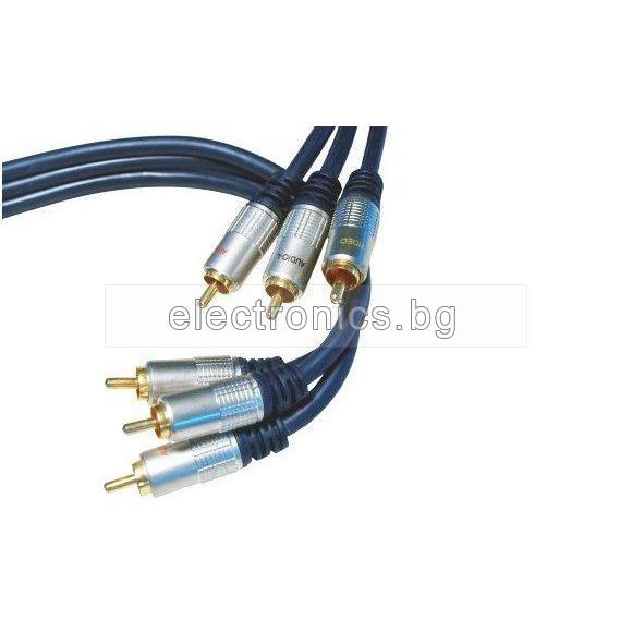 Аудио видео кабел чинчове 3RCA, позлатени конектори, син, 3 метра
