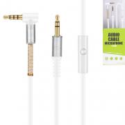 AUX кабел с микрофон, Аудио кабел Stereo Jack 3.5mm, 90 градуса, позлатени конектори, бял, 1 метър